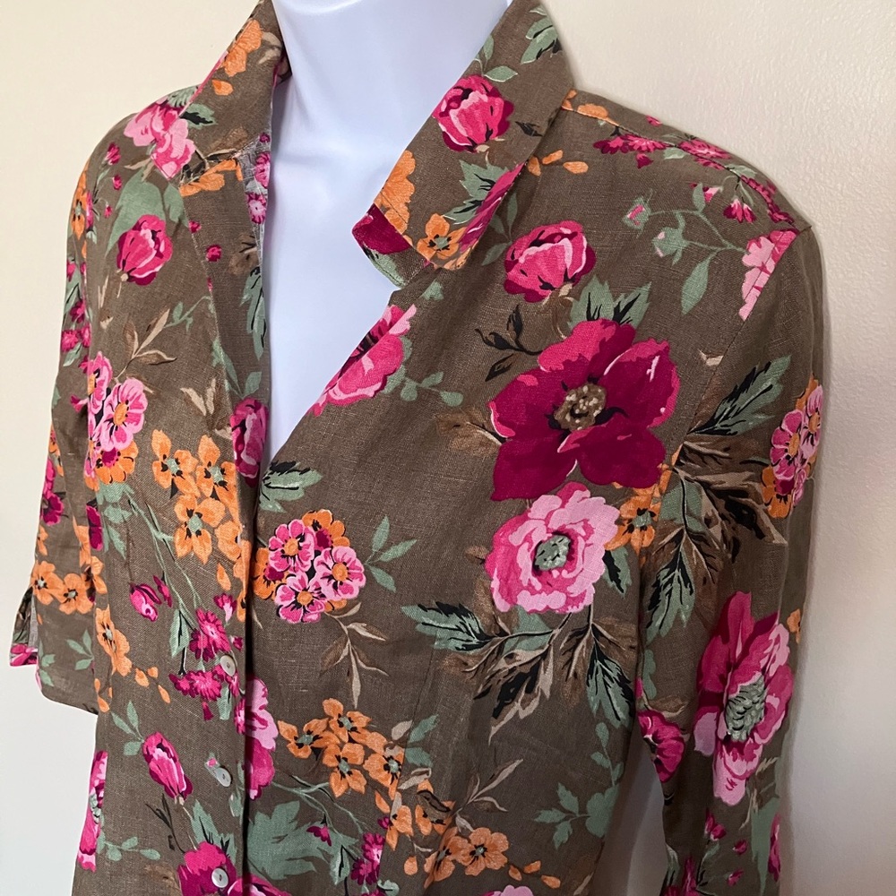 Floral 100% Linen Button-Up Women's 3/4 Sleeve Top Cottage Size Small - Picture 2 of 5